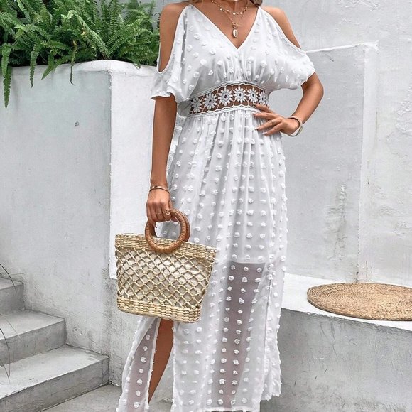 White Boho Womens Swiss Dot Cold Shoulder Split Thigh Dress - Picture 3 of 5